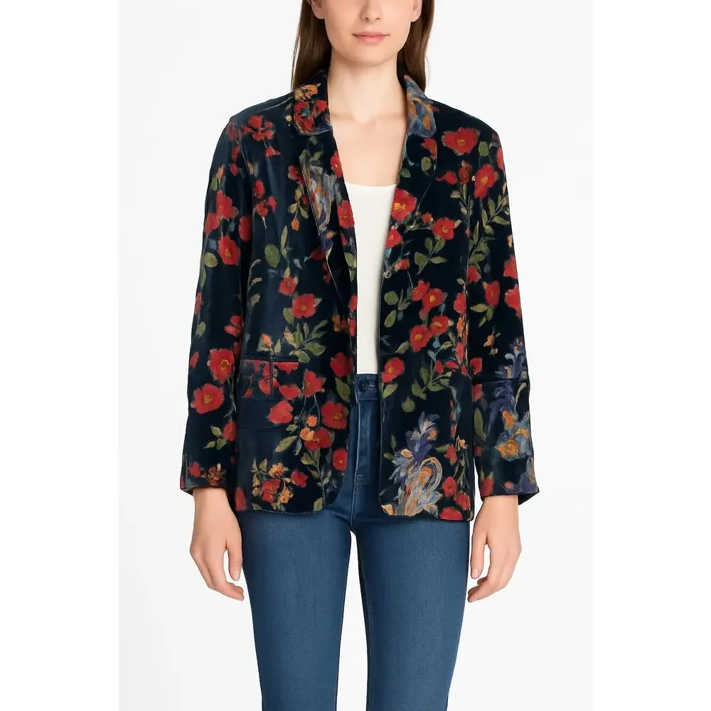 Johnny Was Floral Velvet‎ Silk Blend Blazer Navy Blue Jacket C41920A-0 Large